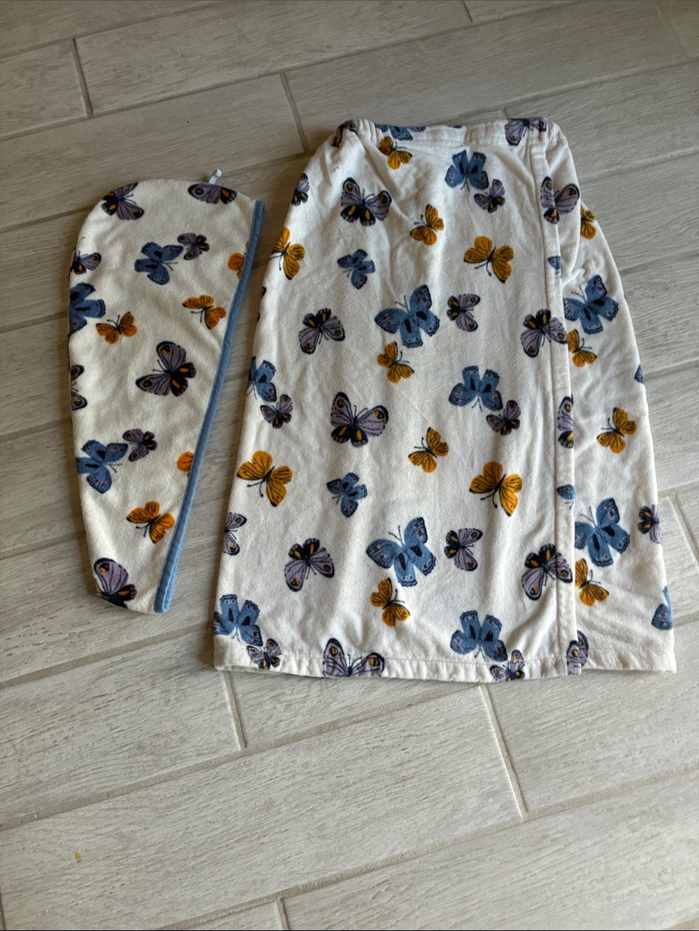 Butterfly Print Towel Wrap and Hair Wrap - White, Blue & Mustard